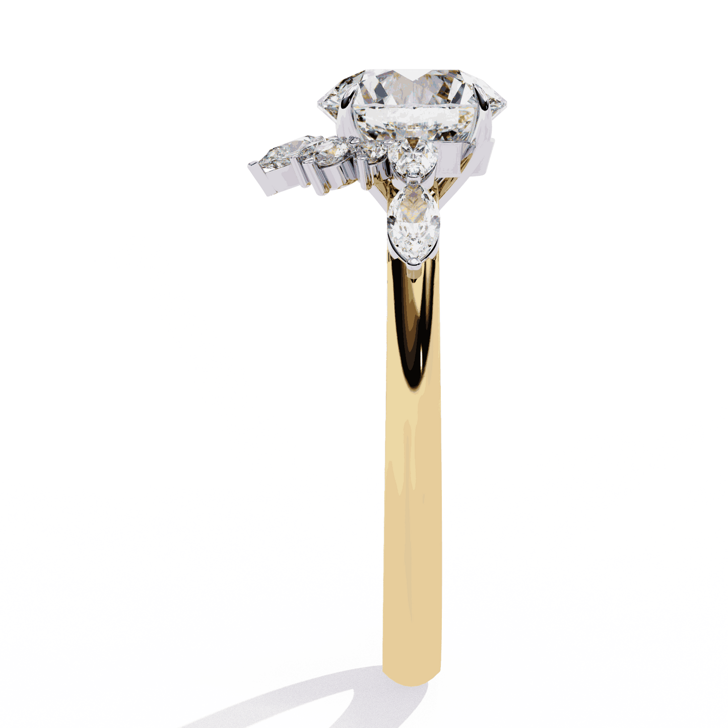 Round Cut Lab Grown Diamond Halo Engagement Ring with Sunburst Crown and Marquise Sides