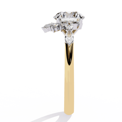 Round Cut Lab Grown Diamond Halo Engagement Ring with Sunburst Crown and Marquise Sides