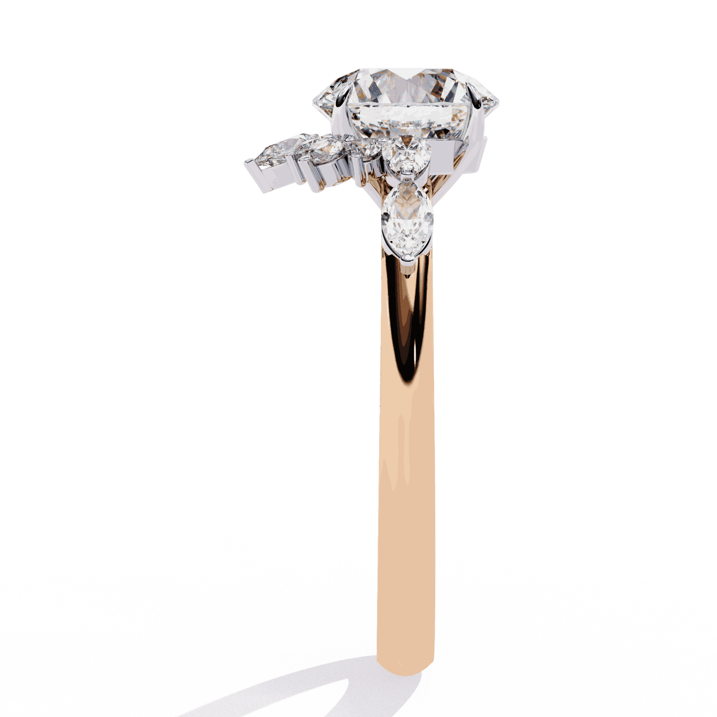Round Cut Lab Grown Diamond Halo Engagement Ring with Sunburst Crown and Marquise Sides