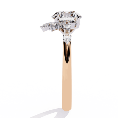 Round Cut Lab Grown Diamond Halo Engagement Ring with Sunburst Crown and Marquise Sides