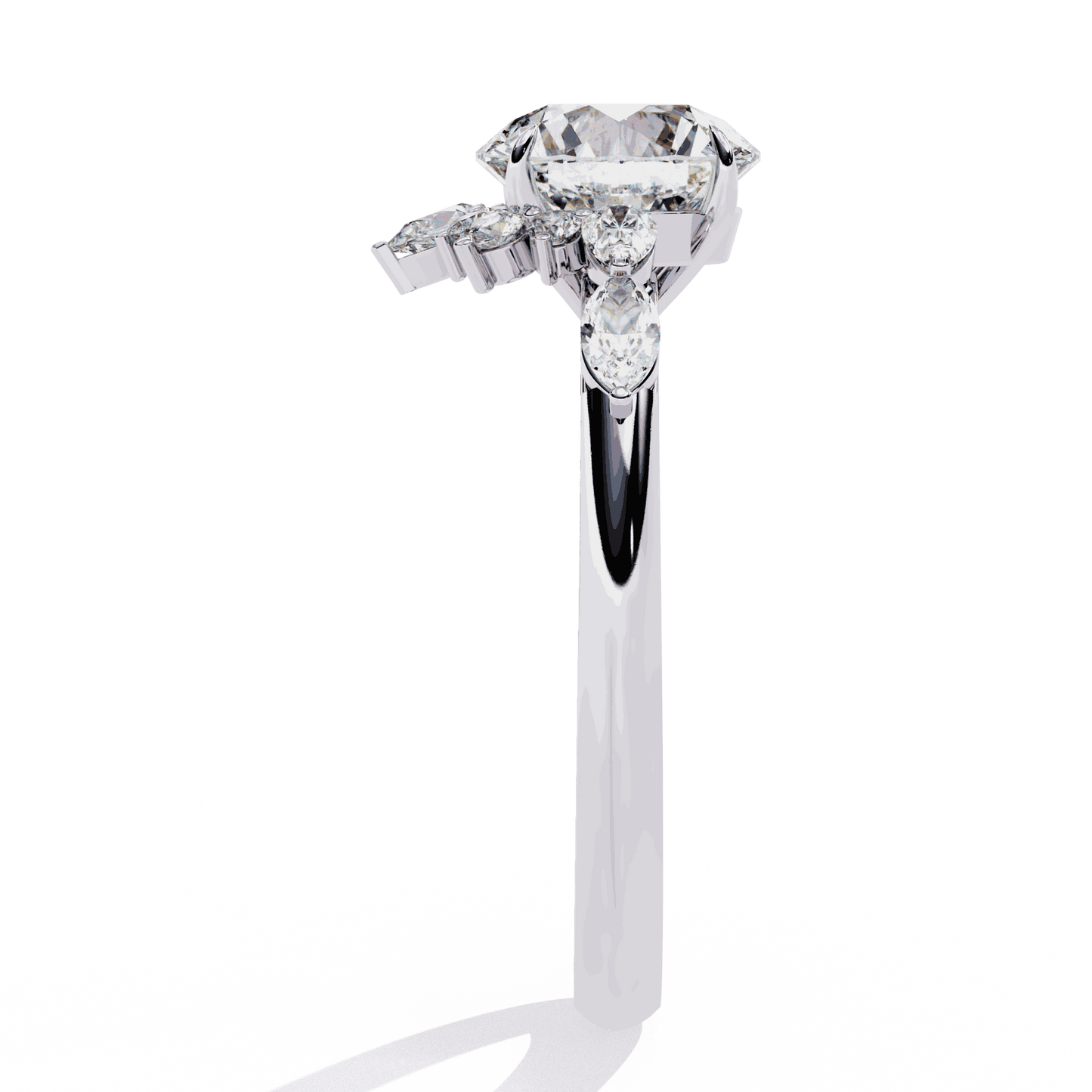 Round Cut Lab Grown Diamond Halo Engagement Ring with Sunburst Crown and Marquise Sides