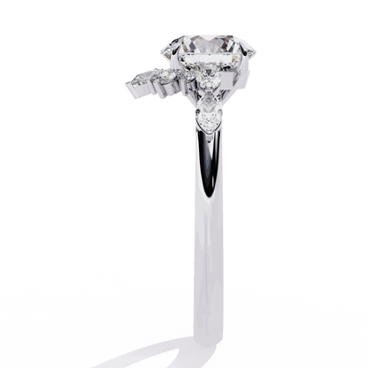 Round Cut Lab Grown Diamond Halo Engagement Ring with Sunburst Crown and Marquise Sides