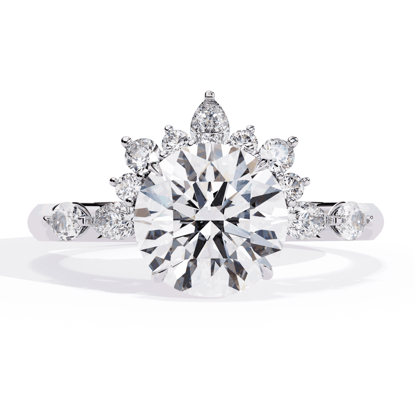 Round Cut Lab Grown Diamond Halo Engagement Ring with Sunburst Crown and Marquise Sides
