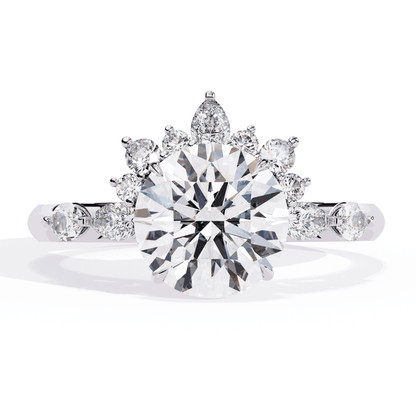 Round Cut Lab Grown Diamond Halo Engagement Ring with Sunburst Crown and Marquise Sides