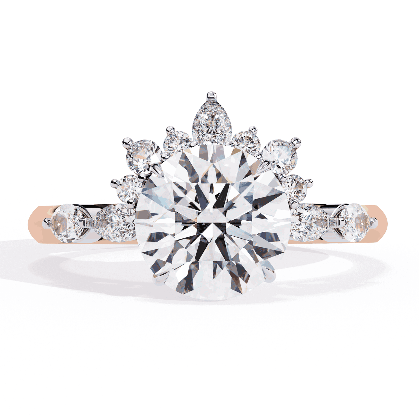 Round Cut Lab Grown Diamond Halo Engagement Ring with Sunburst Crown and Marquise Sides