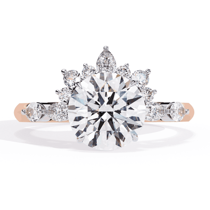 Round Cut Lab Grown Diamond Halo Engagement Ring with Sunburst Crown and Marquise Sides