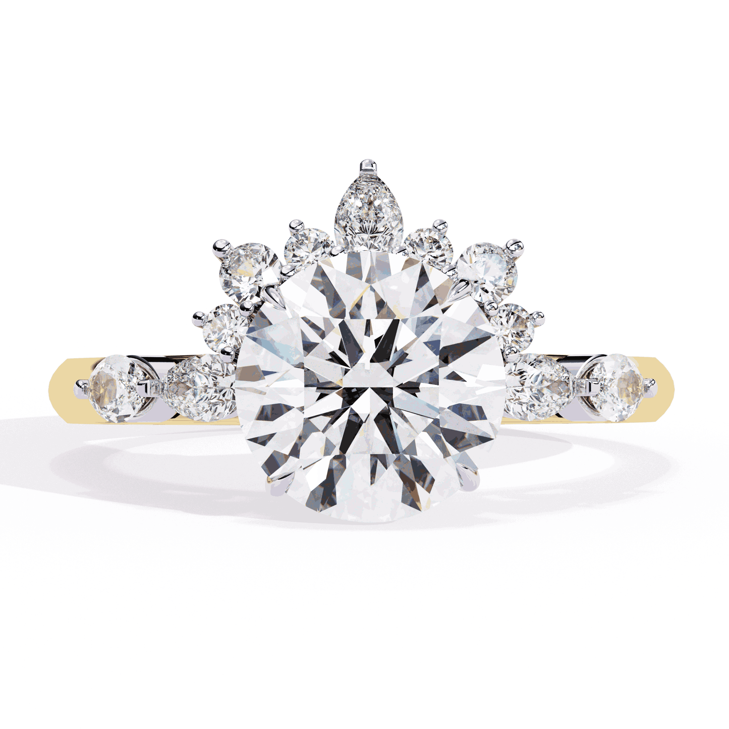 Round Cut Lab Grown Diamond Halo Engagement Ring with Sunburst Crown and Marquise Sides