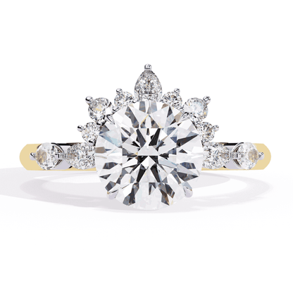 Round Cut Lab Grown Diamond Halo Engagement Ring with Sunburst Crown and Marquise Sides