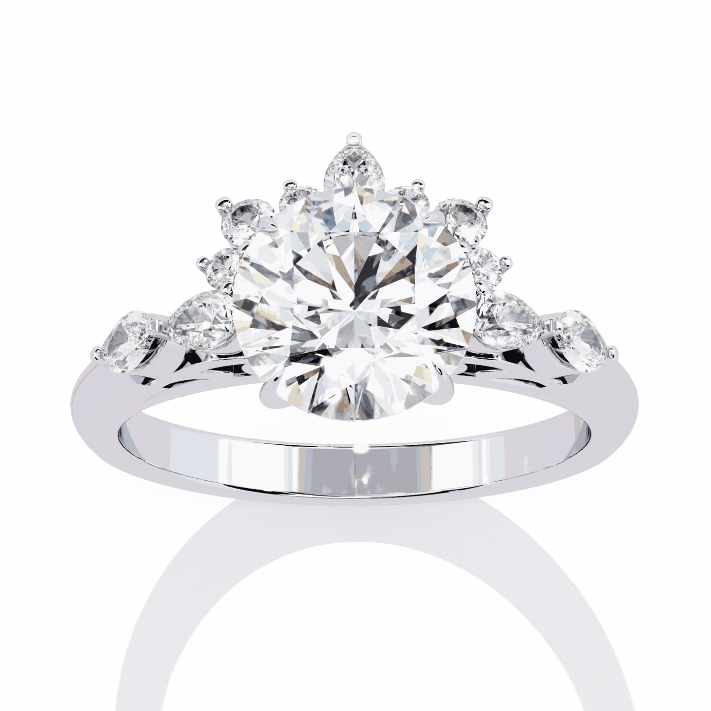 Round Cut Lab Grown Diamond Halo Engagement Ring with Sunburst Crown and Marquise Sides