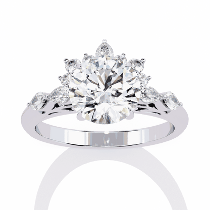 Round Cut Lab Grown Diamond Halo Engagement Ring with Sunburst Crown and Marquise Sides