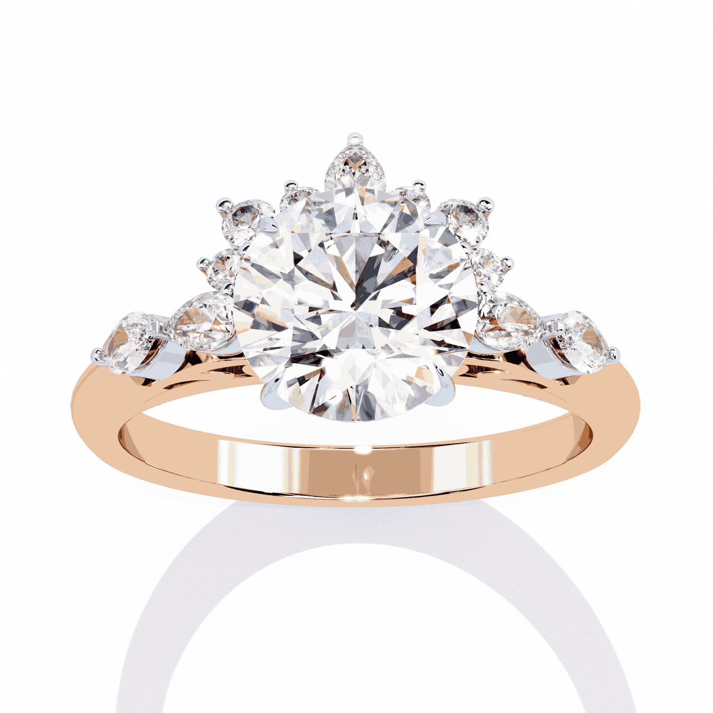 Round Cut Lab Grown Diamond Halo Engagement Ring with Sunburst Crown and Marquise Sides