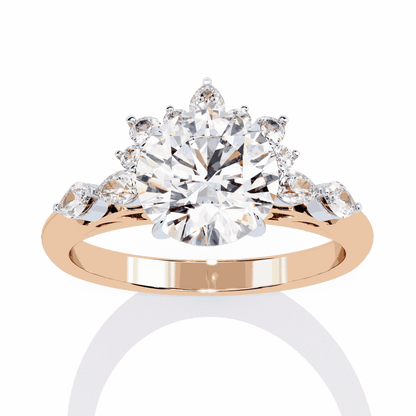 Round Cut Lab Grown Diamond Halo Engagement Ring with Sunburst Crown and Marquise Sides