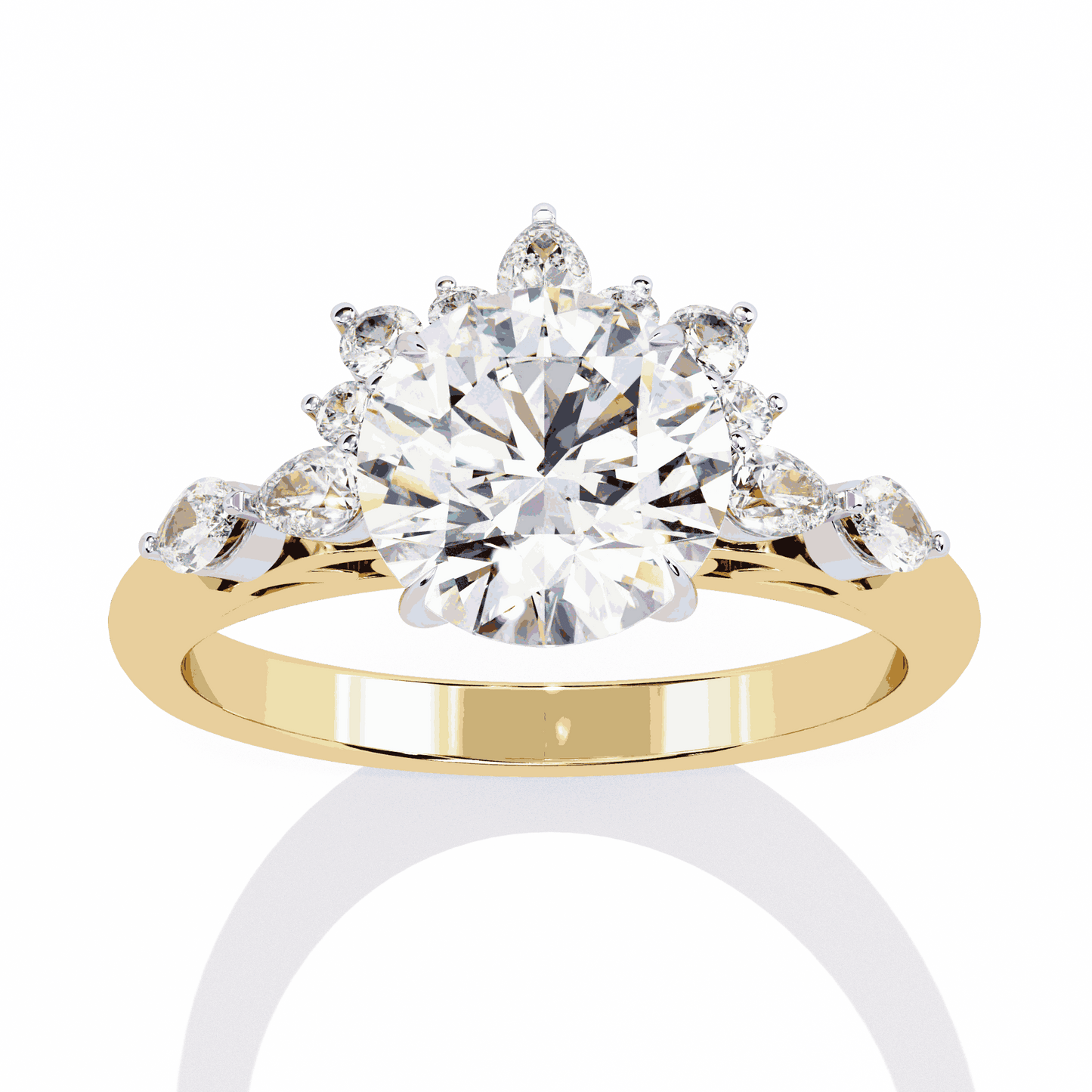 Round Cut Lab Grown Diamond Halo Engagement Ring with Sunburst Crown and Marquise Sides