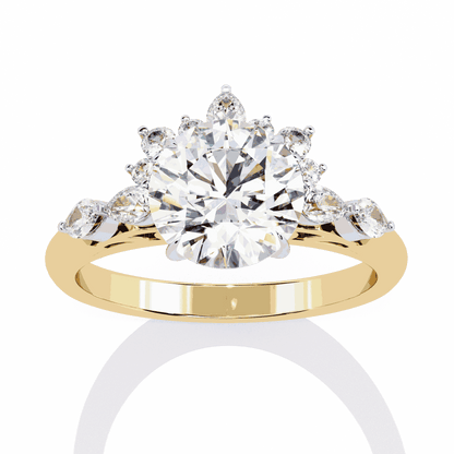 Round Cut Lab Grown Diamond Halo Engagement Ring with Sunburst Crown and Marquise Sides