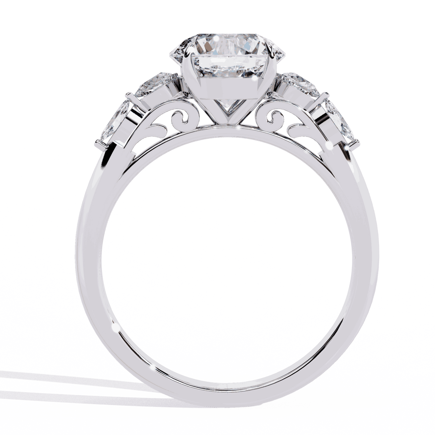 Round Cut Lab Grown Diamond Halo Engagement Ring with Sunburst Crown and Marquise Sides