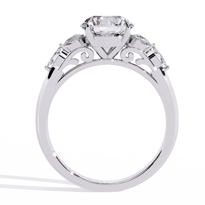 Round Cut Lab Grown Diamond Halo Engagement Ring with Sunburst Crown and Marquise Sides