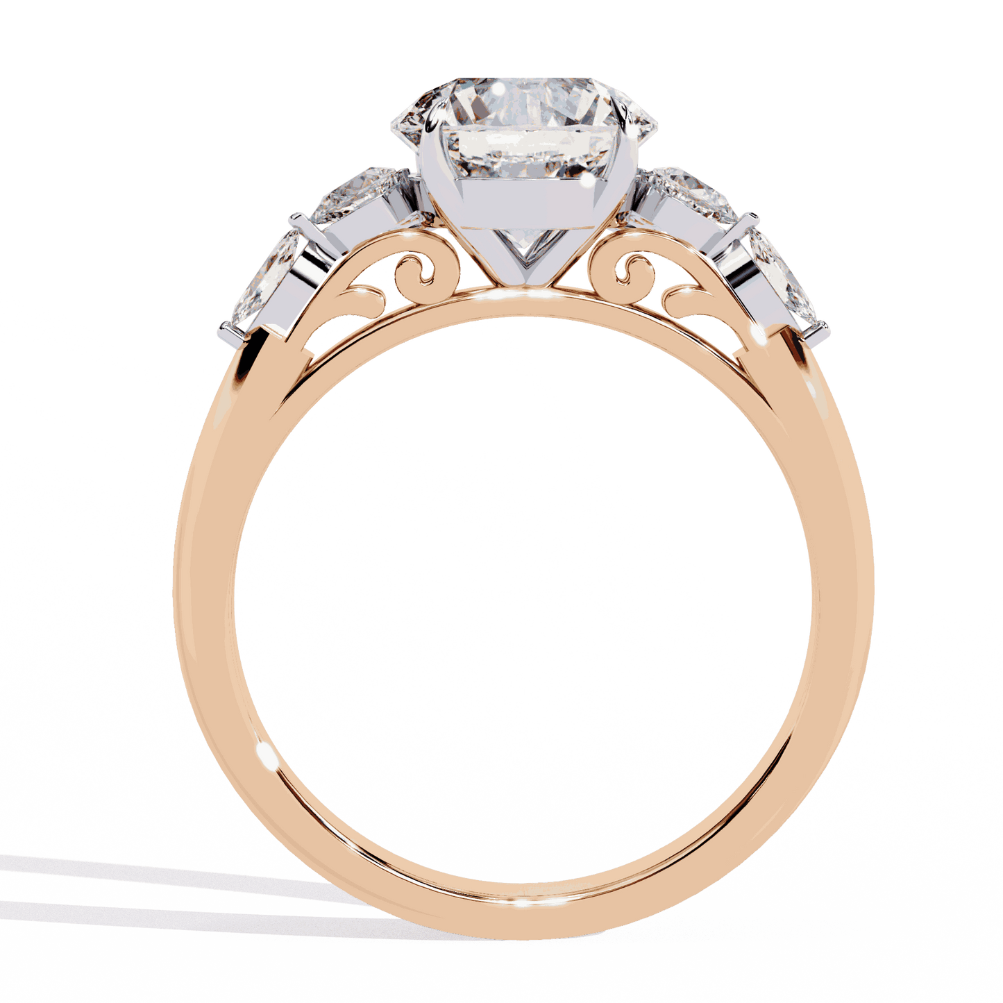 Round Cut Lab Grown Diamond Halo Engagement Ring with Sunburst Crown and Marquise Sides