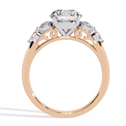 Round Cut Lab Grown Diamond Halo Engagement Ring with Sunburst Crown and Marquise Sides
