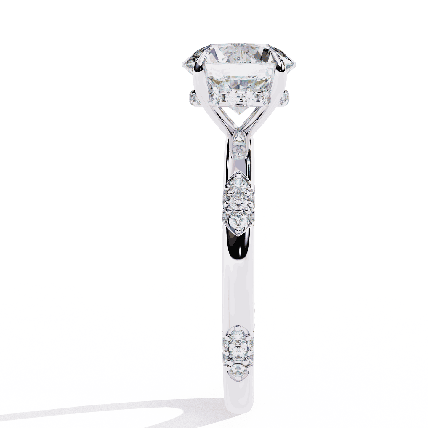 Round Cut Lab Grown Diamond Halo Engagement Ring with Hidden Halo and Pave Clusters