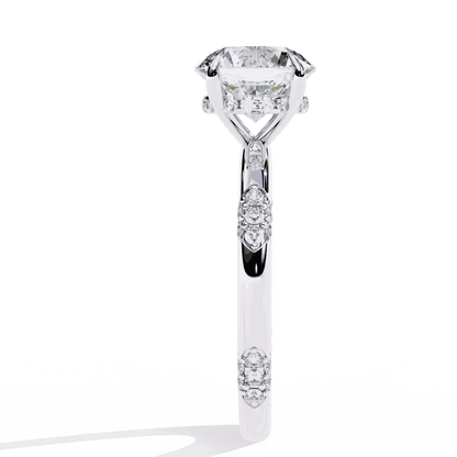 Round Cut Lab Grown Diamond Halo Engagement Ring with Hidden Halo and Pave Clusters