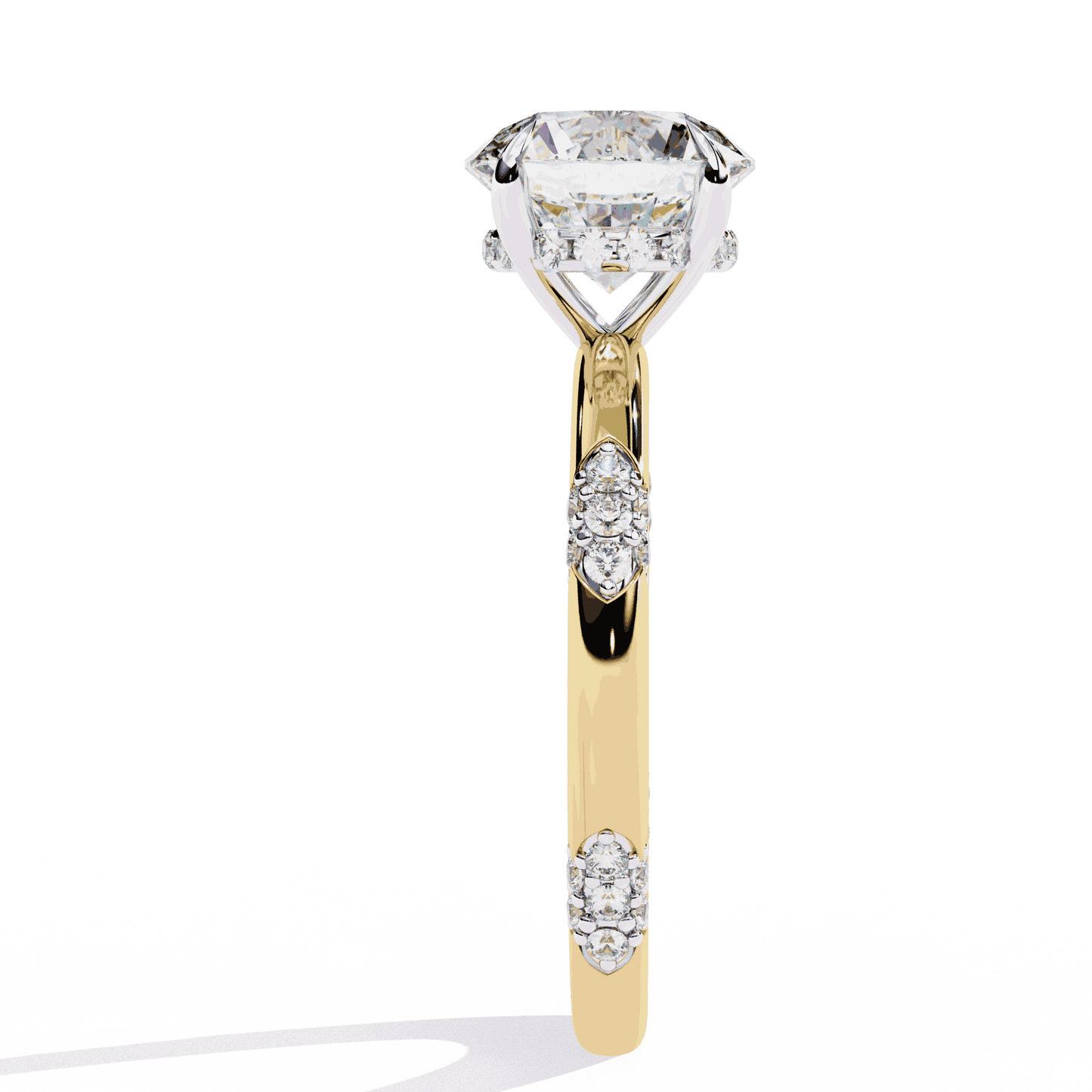 Round Cut Lab Grown Diamond Halo Engagement Ring with Hidden Halo and Pave Clusters