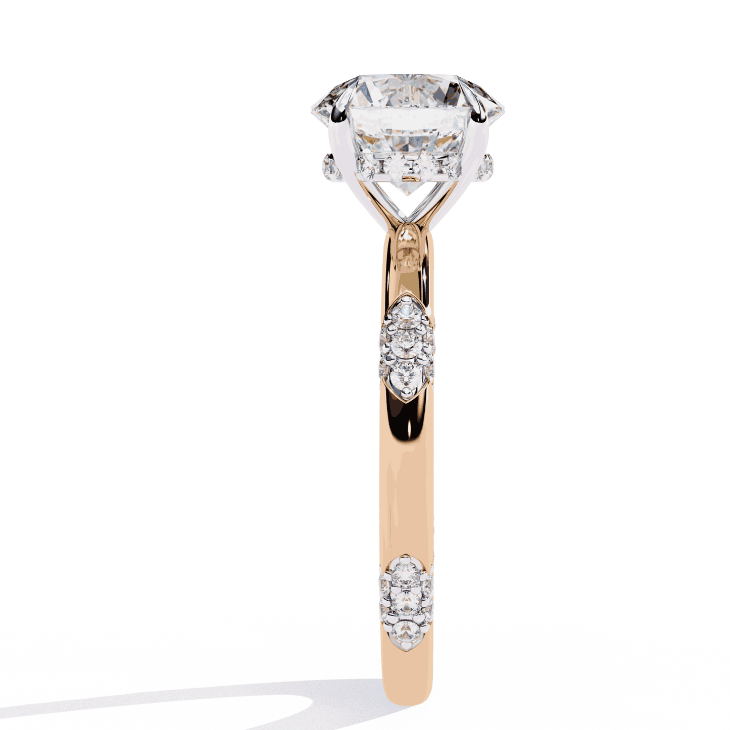 Round Cut Lab Grown Diamond Halo Engagement Ring with Hidden Halo and Pave Clusters