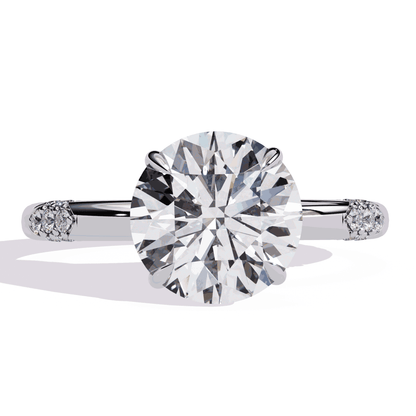 Round Cut Lab Grown Diamond Halo Engagement Ring with Hidden Halo and Pave Clusters