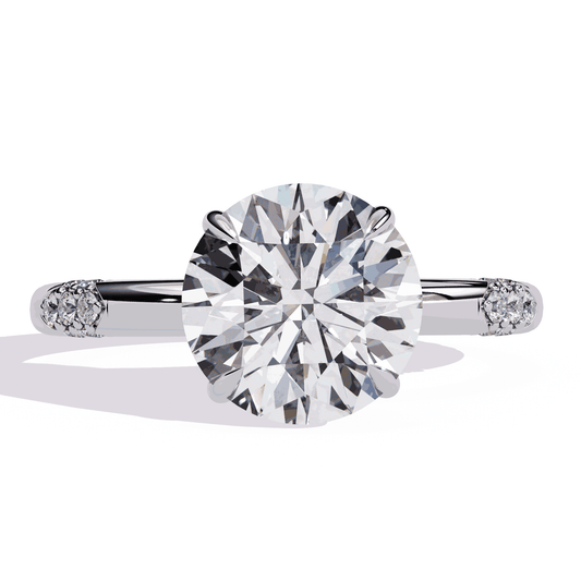 Round Cut Lab Grown Diamond Halo Engagement Ring with Hidden Halo and Pave Clusters