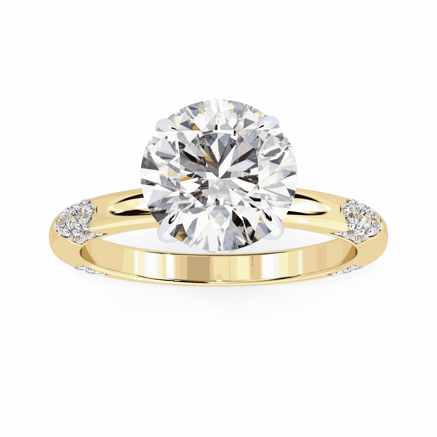 Round Cut Lab Grown Diamond Halo Engagement Ring with Hidden Halo and Pave Clusters