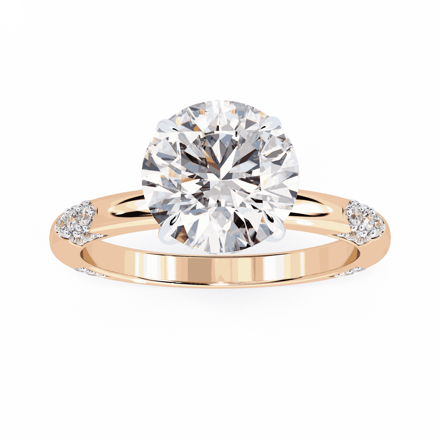 Round Cut Lab Grown Diamond Halo Engagement Ring with Hidden Halo and Pave Clusters