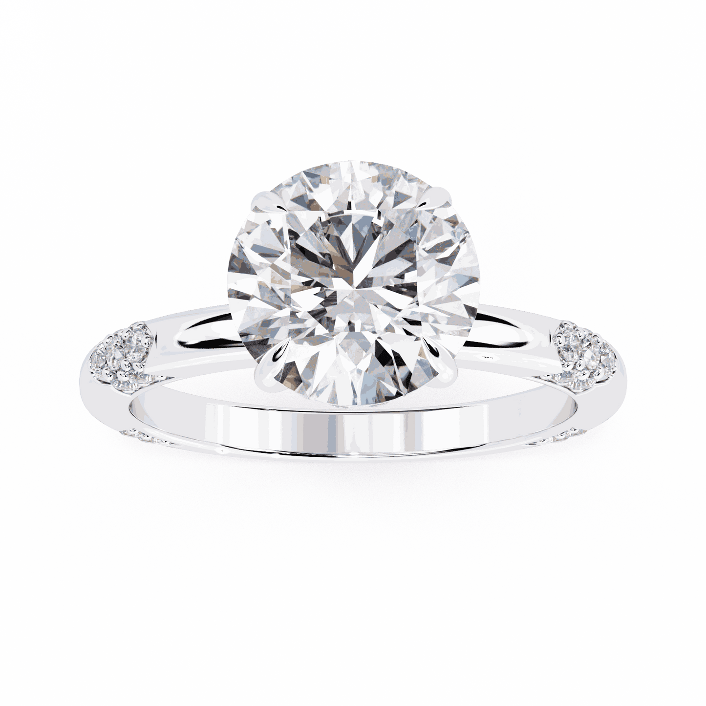 Round Cut Lab Grown Diamond Halo Engagement Ring with Hidden Halo and Pave Clusters