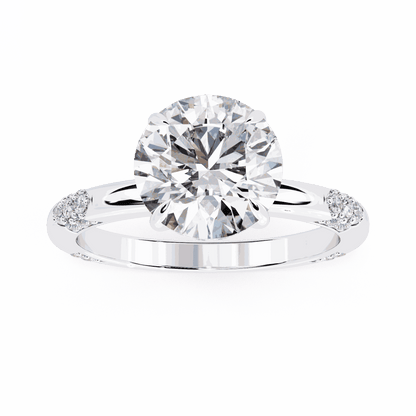 Round Cut Lab Grown Diamond Halo Engagement Ring with Hidden Halo and Pave Clusters