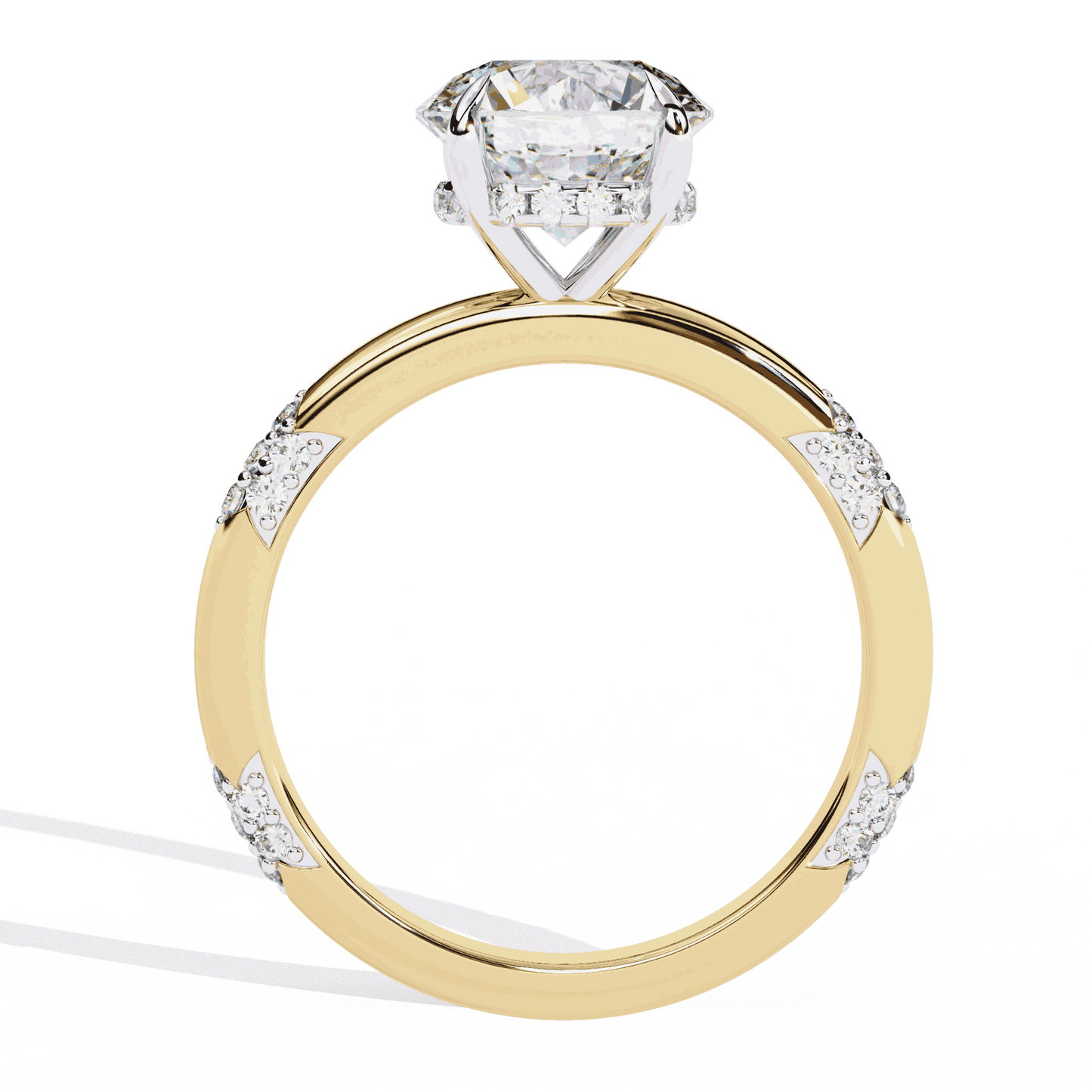 Round Cut Lab Grown Diamond Halo Engagement Ring with Hidden Halo and Pave Clusters