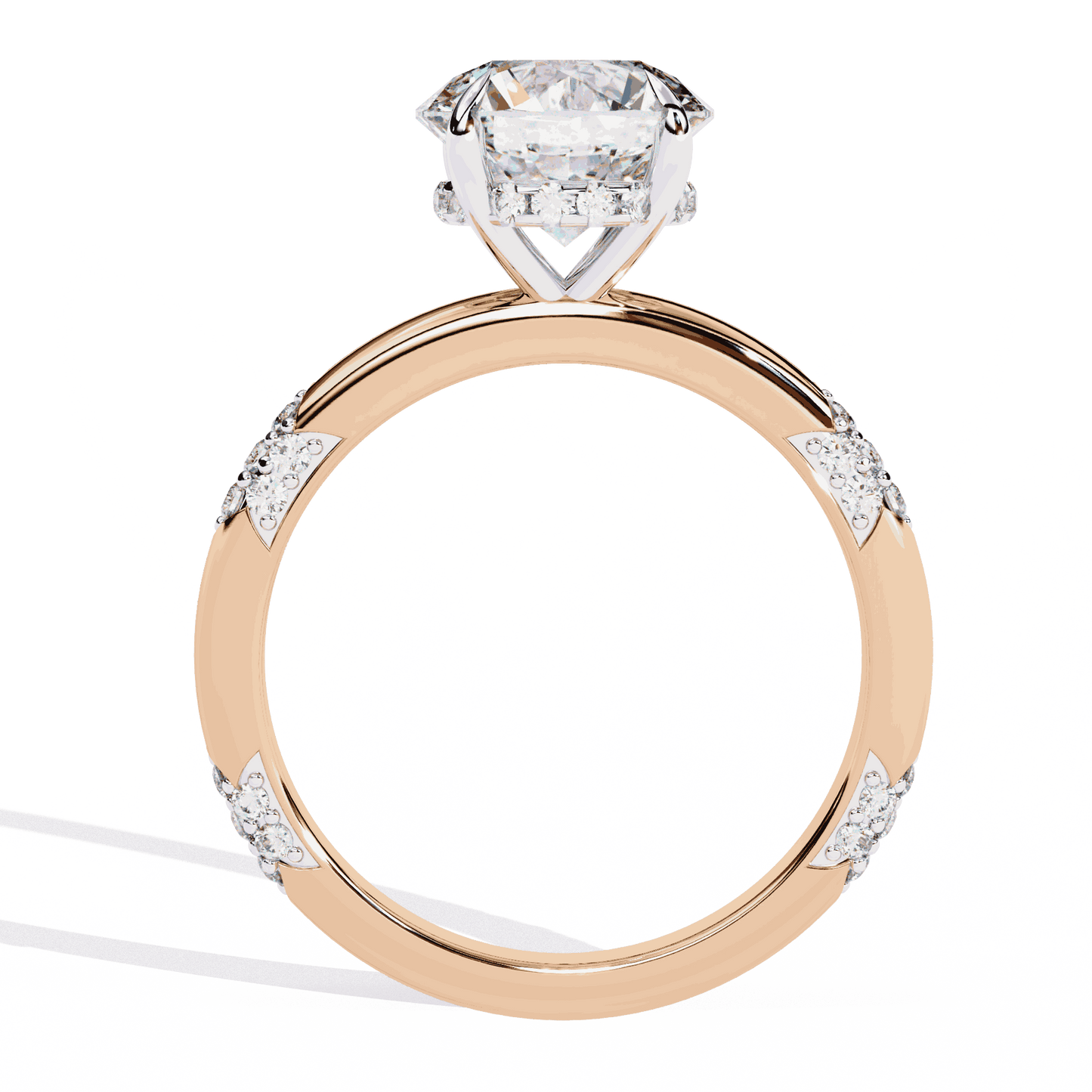 Round Cut Lab Grown Diamond Halo Engagement Ring with Hidden Halo and Pave Clusters