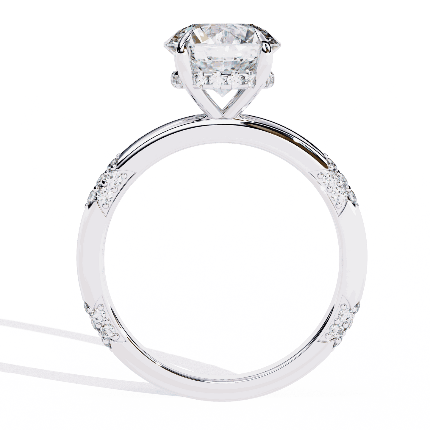 Round Cut Lab Grown Diamond Halo Engagement Ring with Hidden Halo and Pave Clusters