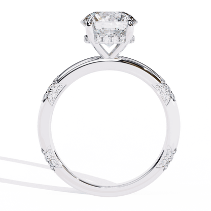 Round Cut Lab Grown Diamond Halo Engagement Ring with Hidden Halo and Pave Clusters
