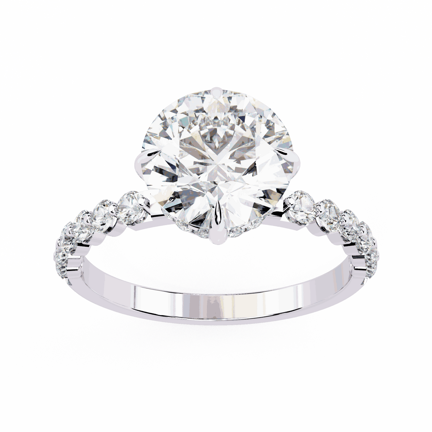 Round Cut Lab Grown Diamond Halo Engagement Ring with Hidden Halo and Shared Prong Shoulders