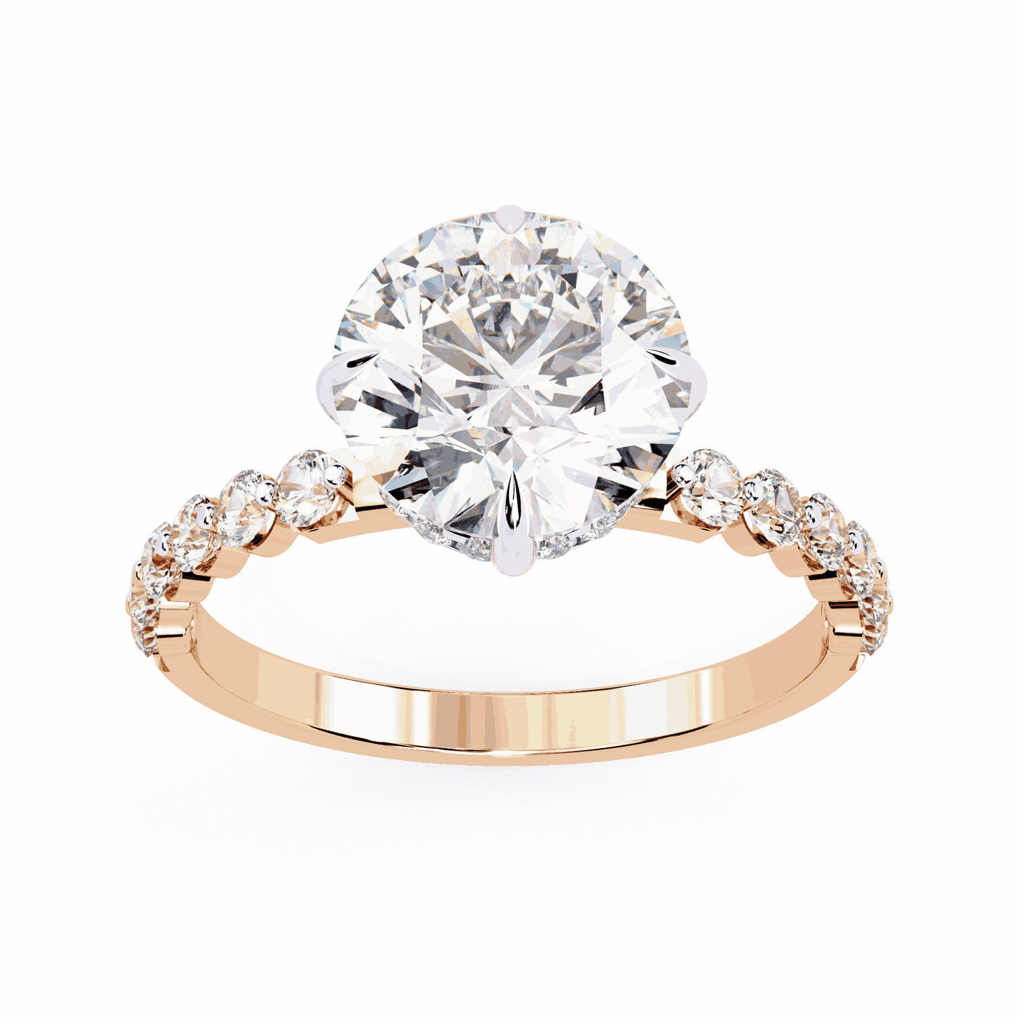 Round Cut Lab Grown Diamond Halo Engagement Ring with Hidden Halo and Shared Prong Shoulders