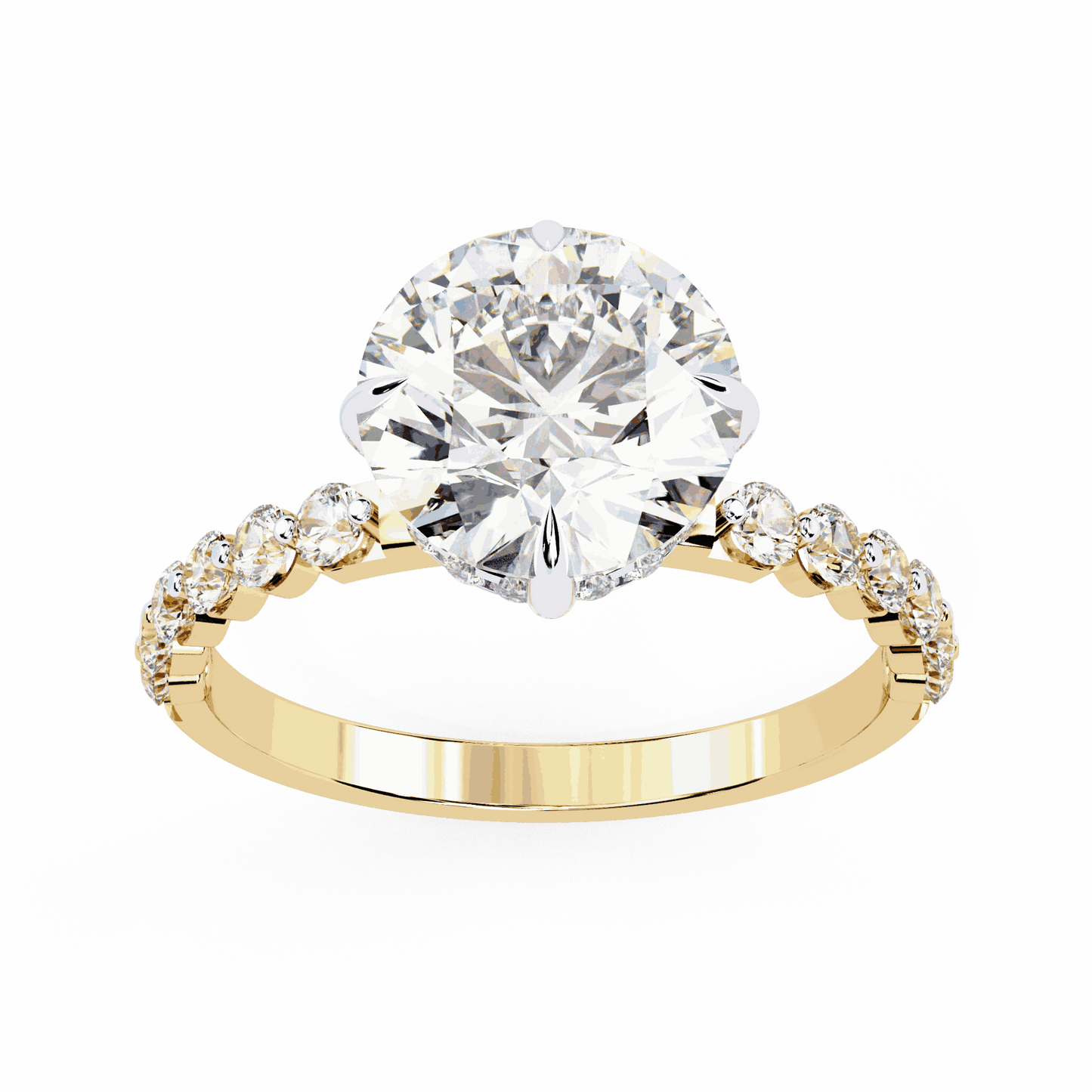 Round Cut Lab Grown Diamond Halo Engagement Ring with Hidden Halo and Shared Prong Shoulders