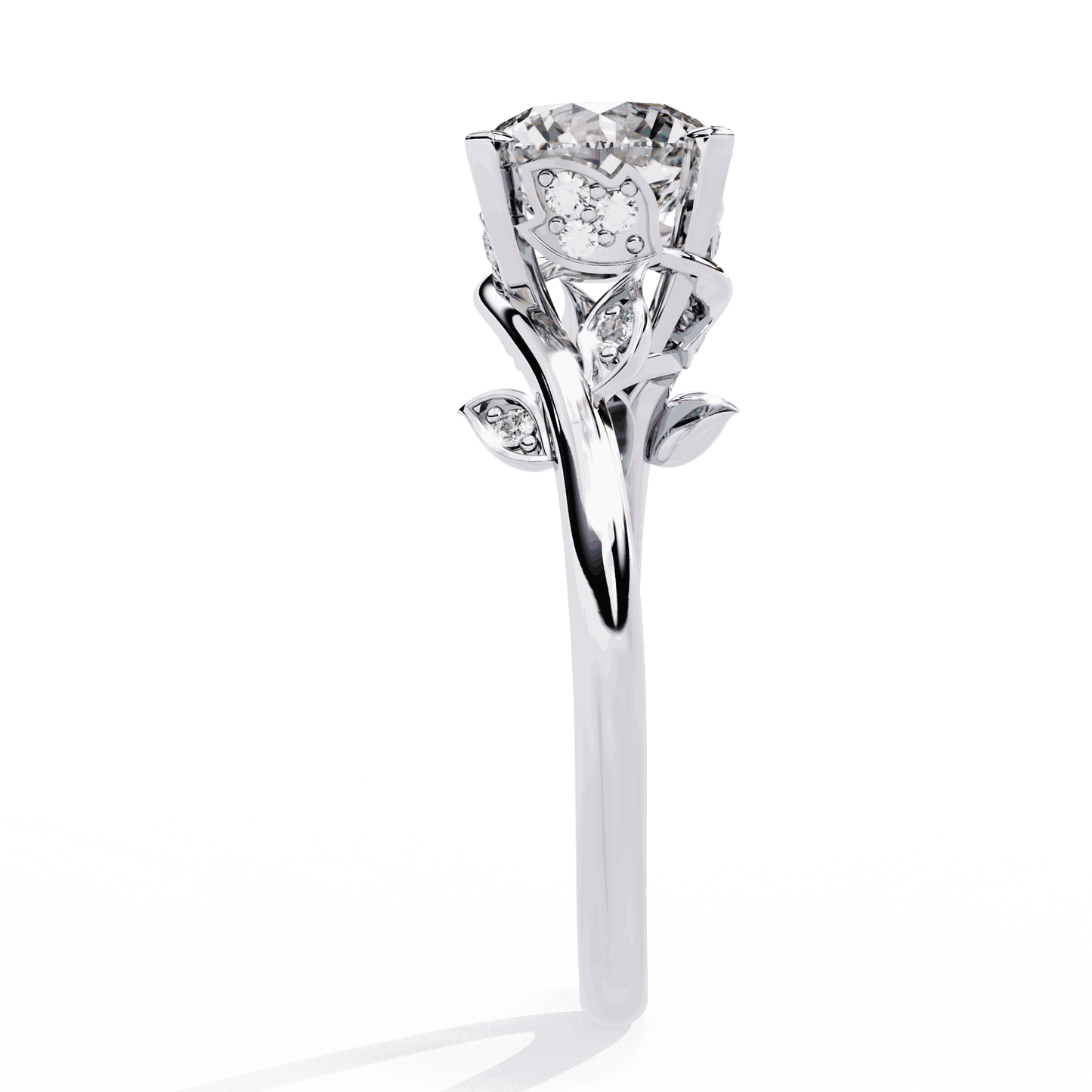 Round Cut Lab Grown Diamond Vintage Engagement Ring with Leaf Bypass Shank
