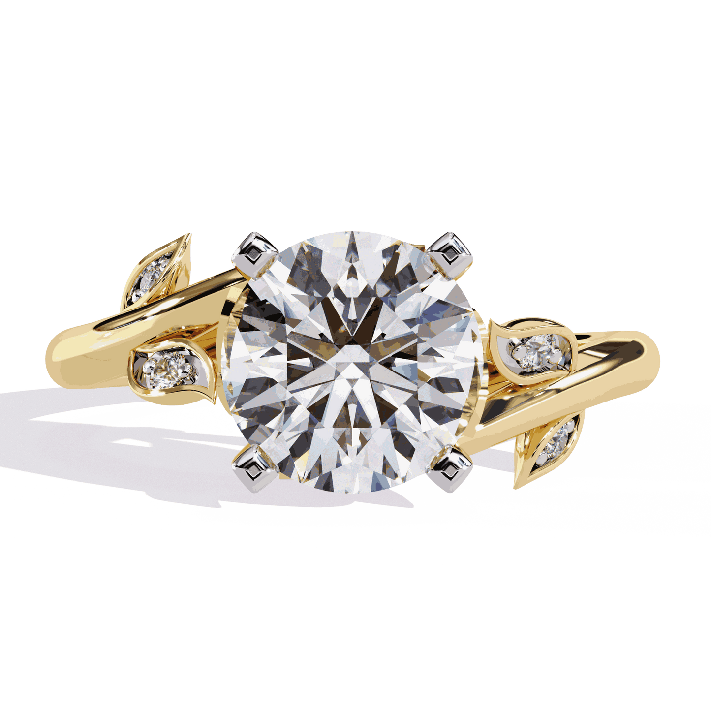 Round Cut Lab Grown Diamond Vintage Engagement Ring with Leaf Bypass Shank