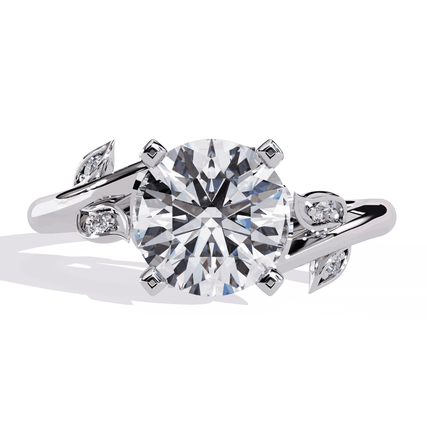 Round Cut Lab Grown Diamond Vintage Engagement Ring with Leaf Bypass Shank