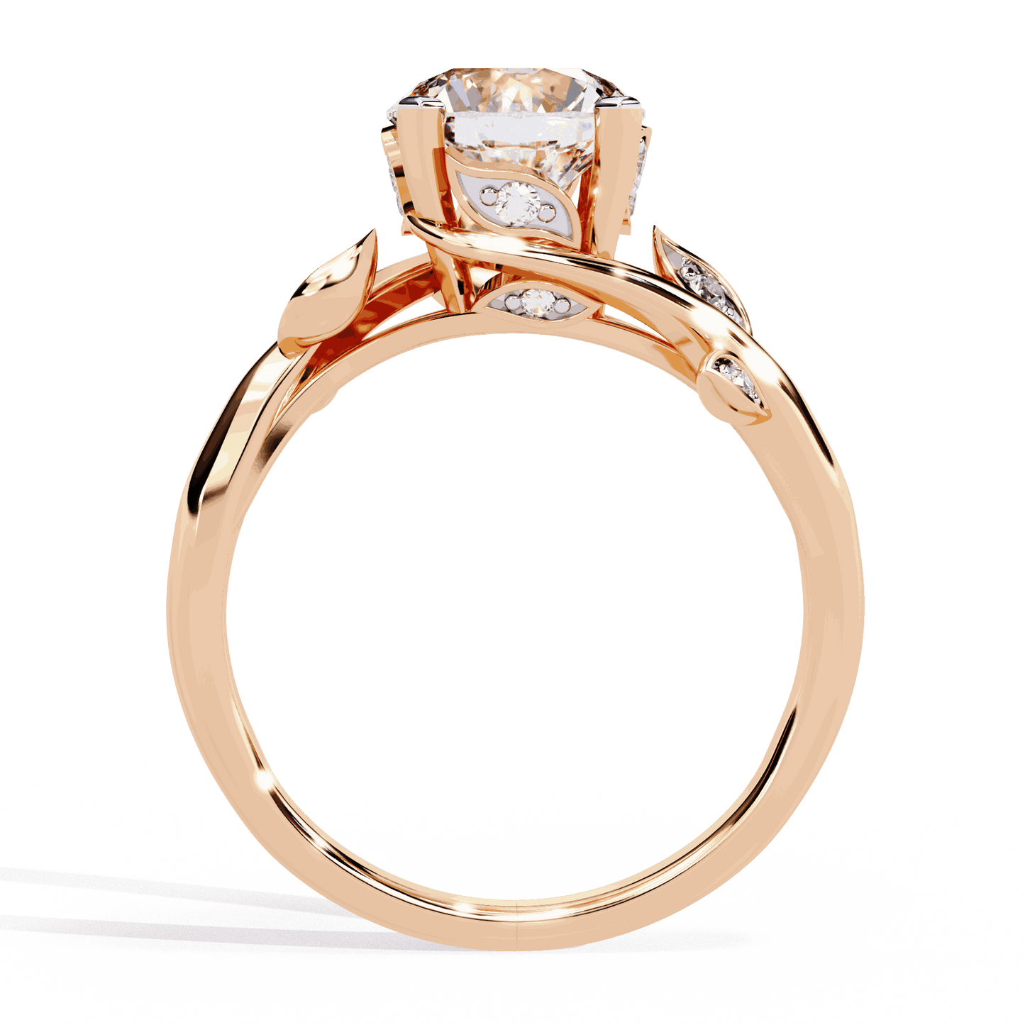 Round Cut Lab Grown Diamond Vintage Engagement Ring with Leaf Bypass Shank