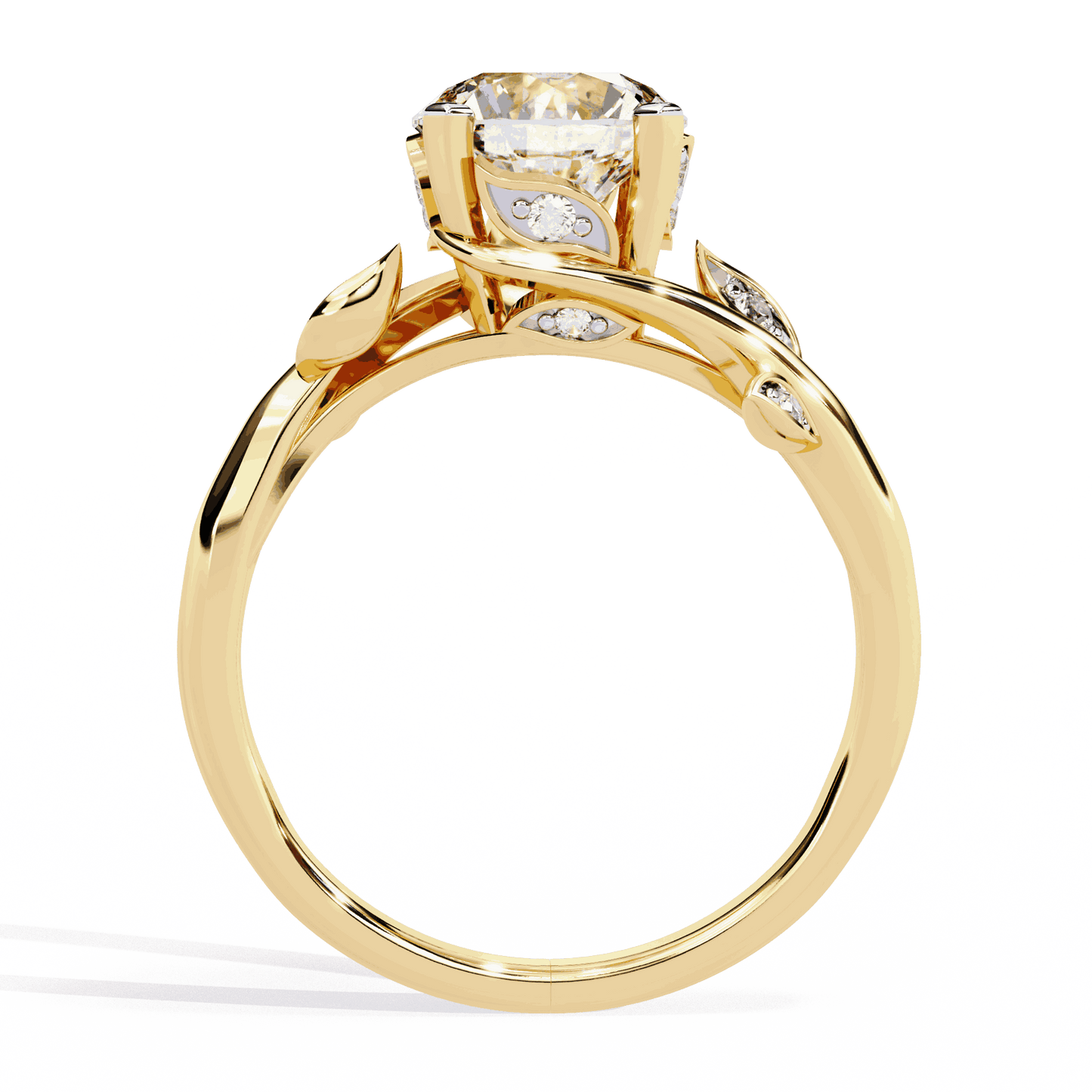 Round Cut Lab Grown Diamond Vintage Engagement Ring with Leaf Bypass Shank