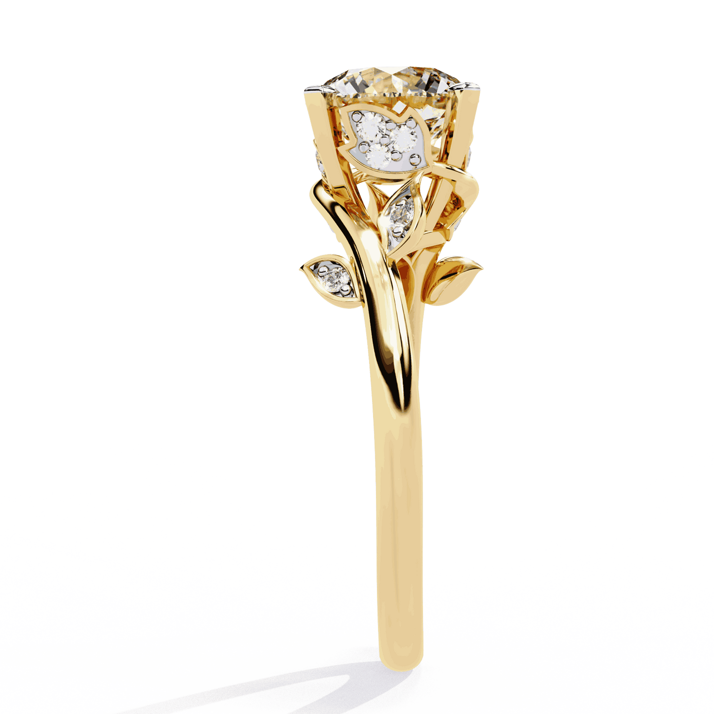 Round Cut Lab Grown Diamond Vintage Engagement Ring with Leaf Bypass Shank