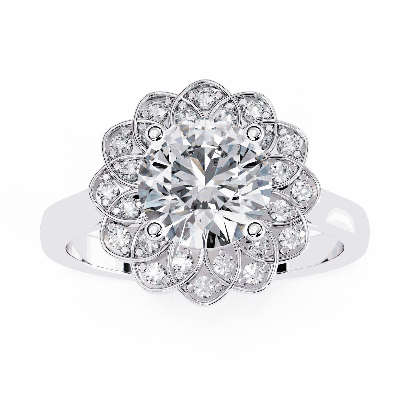 Round Cut Lab Grown Diamond Halo Engagement Ring with Double Layer Flower Petal Halo