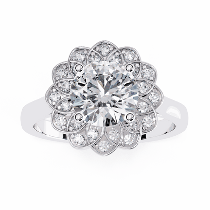 Round Cut Lab Grown Diamond Halo Engagement Ring with Double Layer Flower Petal Halo