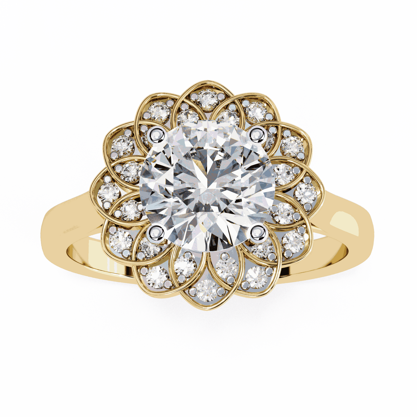 Round Cut Lab Grown Diamond Halo Engagement Ring with Double Layer Flower Petal Halo