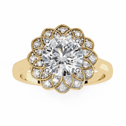 Round Cut Lab Grown Diamond Halo Engagement Ring with Double Layer Flower Petal Halo