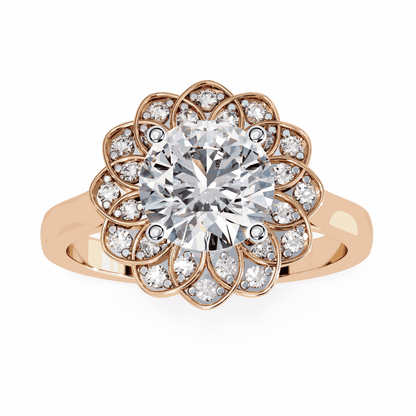 Round Cut Lab Grown Diamond Halo Engagement Ring with Double Layer Flower Petal Halo